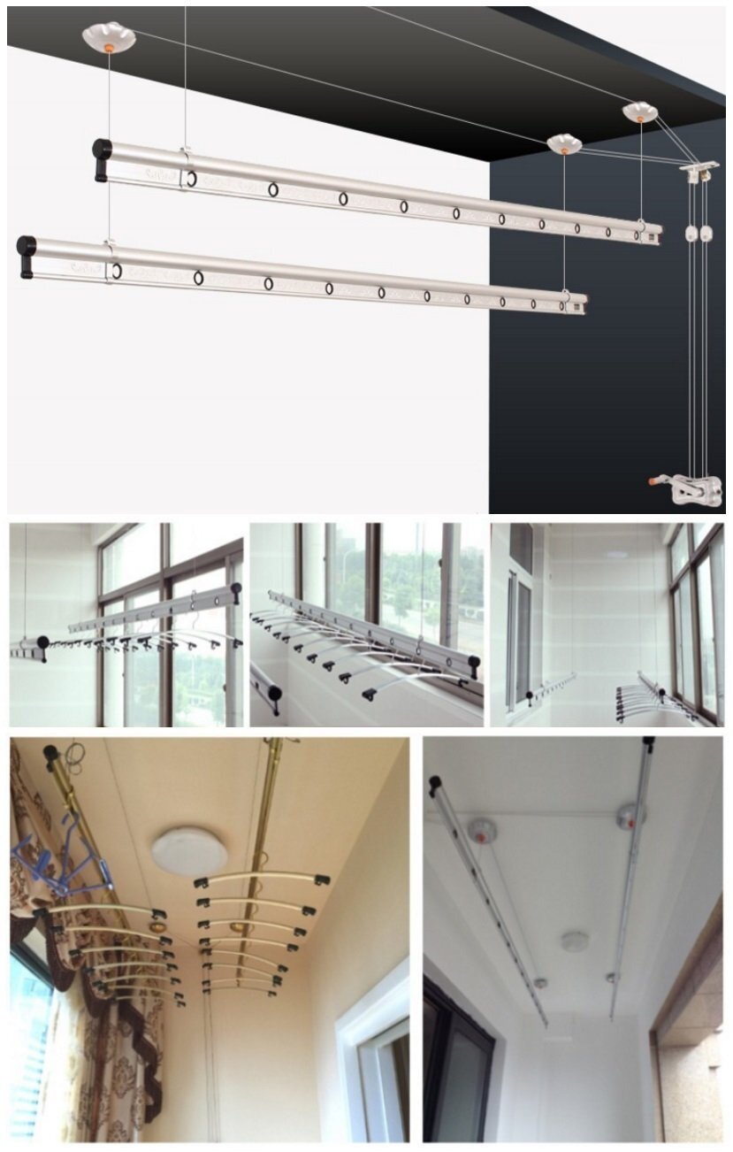2 4m Ceiling Mounted Drying Rack Hand Lifting Double Aluminium Rails Image