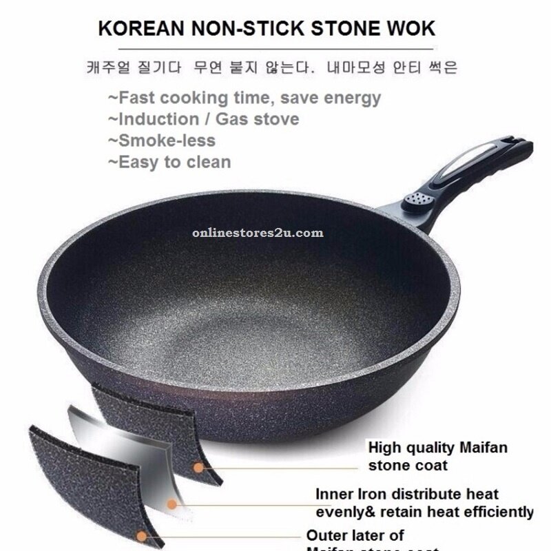Kitchen Art Korea 30cm Stone Non Stick Frying Pan Pot Wok With Lid