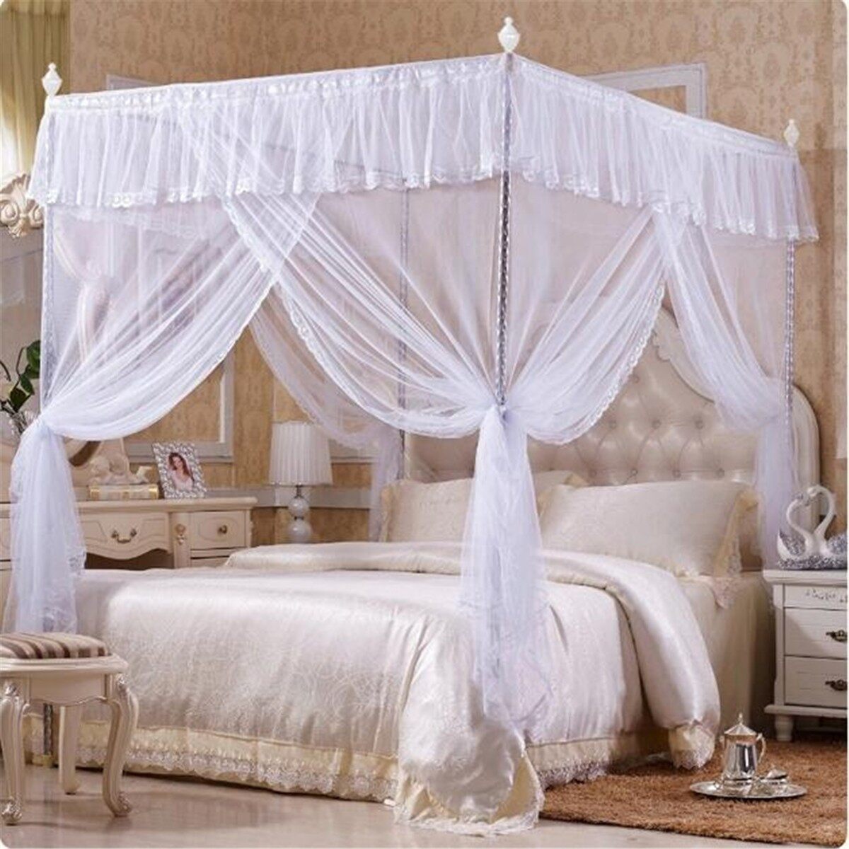 White Luxury Princess Four Corner Post Bedding Canopy Mosquito Netting Intl