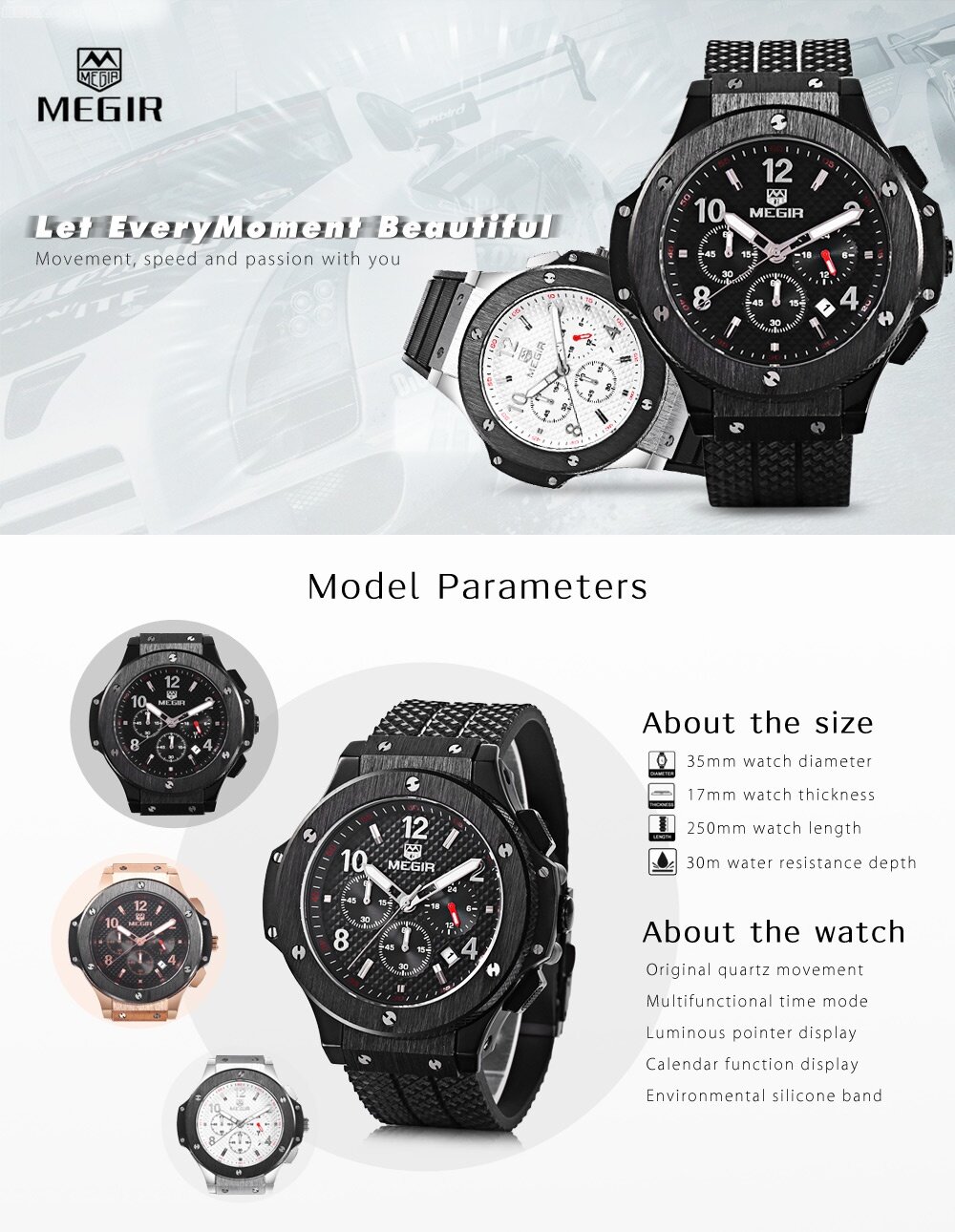 MEGIR 3002G Male Quartz Watch with Date Function Silicone Band Luminous Pointer 30M Water Resistance MEGIR 3002G Male Quartz Watch with Date Function Silicone Band Luminous Pointer 30M Water Resistance