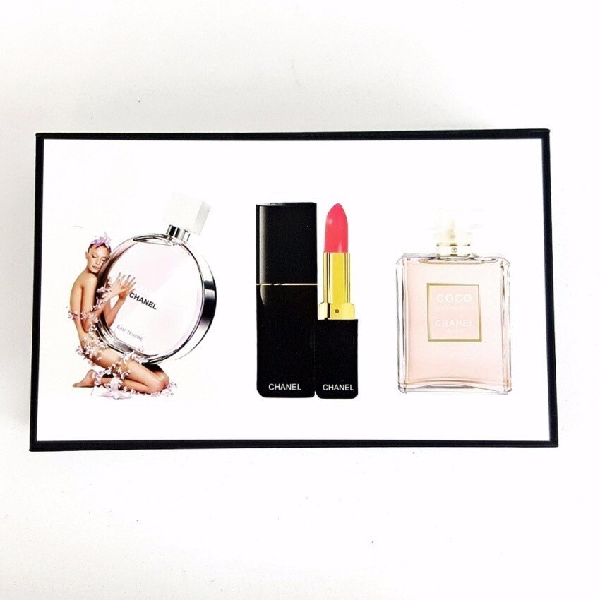 Chanel Gift Set 3 In 1 with Chance Chanel 15ml Perfume,Coco Madmosile 15ml Perfume And Lipstick