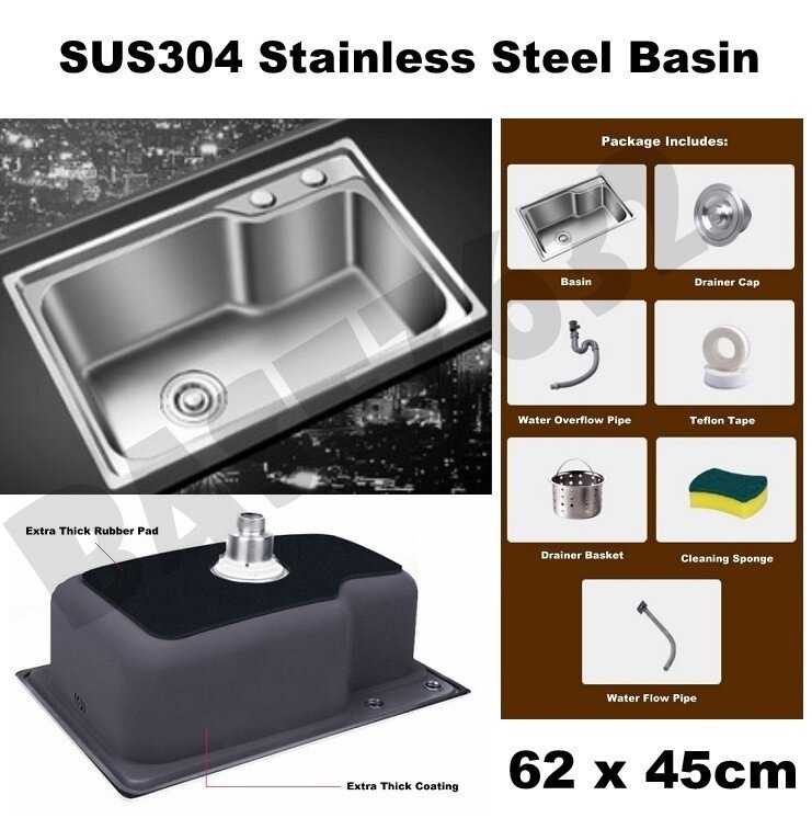 62 45cm 304 Stainless Steel Kitchen Washing Large Single Bowl Basin Sink Extra Thickness Accessories 2329 1